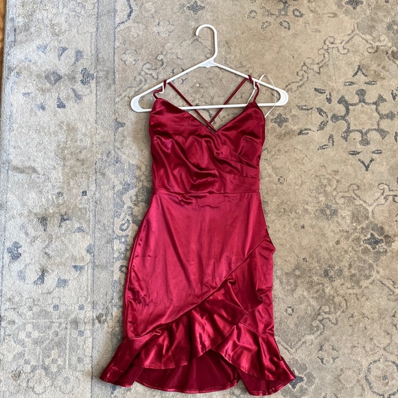 Romantic Nights Burgundy Satin Ruffled Bodycon Mini Dress - Picture 1 of 4